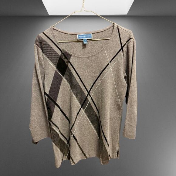 Karen Scott Tops - Karen Scott Tan & Brown Striped Crystal Knit Top (Size M)